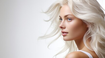 Portrait of blond young woman with long hair on white background with copy space for your design