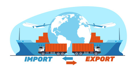 Fototapeta premium Concept of exporting and importing cargo around world, global logistics. International transportation by plane, barge and truck, big containers cartoon flat style isolated png concept