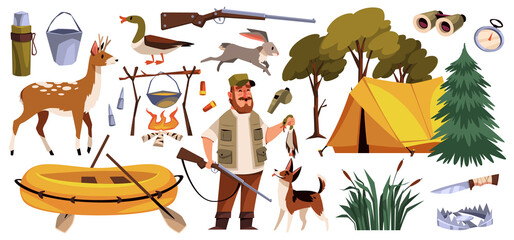 Cartoon hunter character with equipment. Funny man with a hunting dog holds trophy and gun, tent, deer and inflatable boat, outdoor hobby people on camping tidy png isolated set