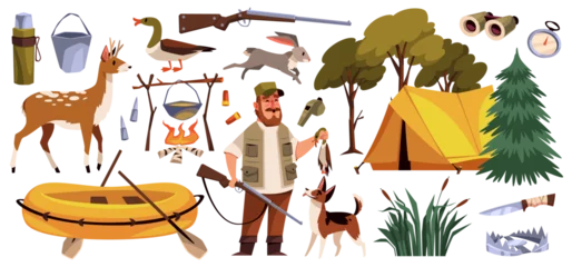 Fotobehang Cartoon hunter character with equipment. Funny man with a hunting dog holds trophy and gun, tent, deer and inflatable boat, outdoor hobby people on camping tidy png isolated set © YummyBuum