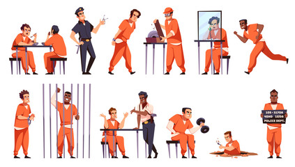 Prisoners characters. Guys in orange jumpsuits, law violation, punishment, men in jail cage, imprisonment term serving, police interrogation, cartoon flat style isolated tidy png set