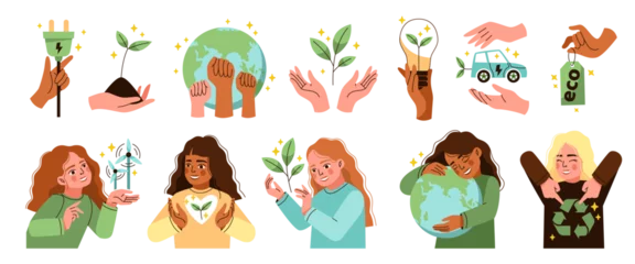 Tuinposter People save planet. Cartoon cute girls with green ecological symbols, hyman hands with environment elements, women hugging love earth. Ecology protection, nature activists, tidy png set © YummyBuum