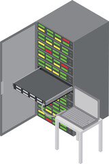アイソメトリックなサーバラックのサーバと接続しているノートパソコンのイメージ素材