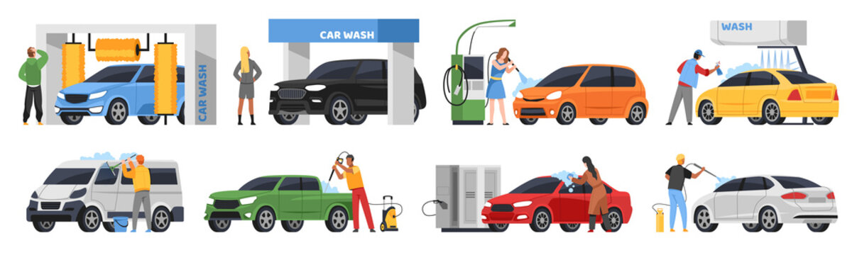 People in self car wash service. Cartoon persons clean, dry and vacuum brushing, pour foam on vehicles, drivers care about cleanliness, automatic automobile wash, tidy png set