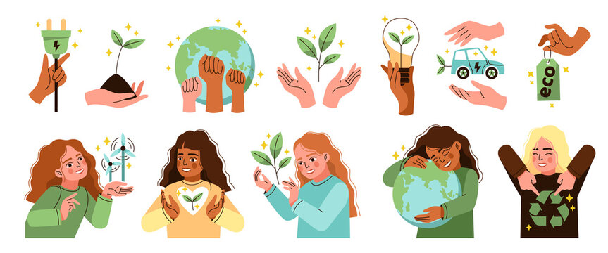 People save planet. Cartoon cute girls with green ecological symbols, hyman hands with environment elements, women hugging love earth. Ecology protection, nature activists, tidy png set