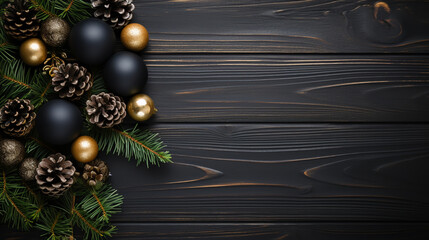 Christmas Flat Lay Background. Baubles and decor on Dark Black Background. Minimalistic design. Copy Space. Horizontal.