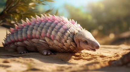 A Pink Fairy Armadillo basking in the sunlight, its pink scales glistening in full ultra HD 4K detail, while it digs into the sandy soil.