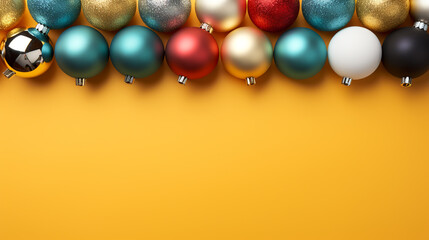 Yellow Christmas background. Decorative border of fir branches and Christmas balls. Copy space for text