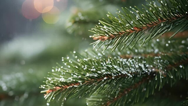 Detailed shot of a single pine branch, covered in tiny delicate needles, adding texture and depth to a festive centerpiece.