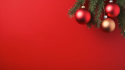 Christmas composition. Christmas red decorations, fir tree branches on red background. Flat lay, top view, copy space
