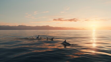 A pod of Vaquitas gliding through the Gulf of California, their sleek bodies glistening in the golden sunlight, with every detail of their environment visible in high resolution 4K.