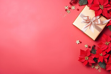 pink christmas background with poinsettia with leaves, red berries, gift box wrapped red silk ribbon, gold tinsel, with empty copy Space