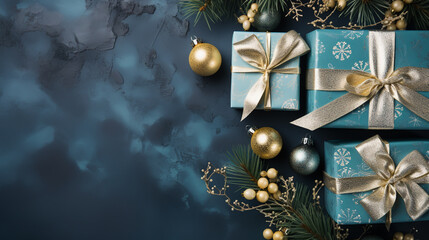 New Year banner with Christmas gift boxes and decorations on color background.