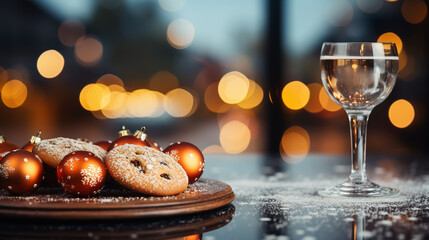 Cookies and cup with hot chocolate on empty wooden table on a Christmas bokeh background.