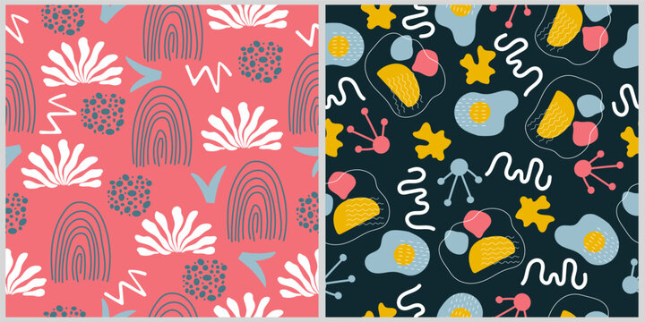 Set of two seamless patterns with hand drawn abstract trendy elements.