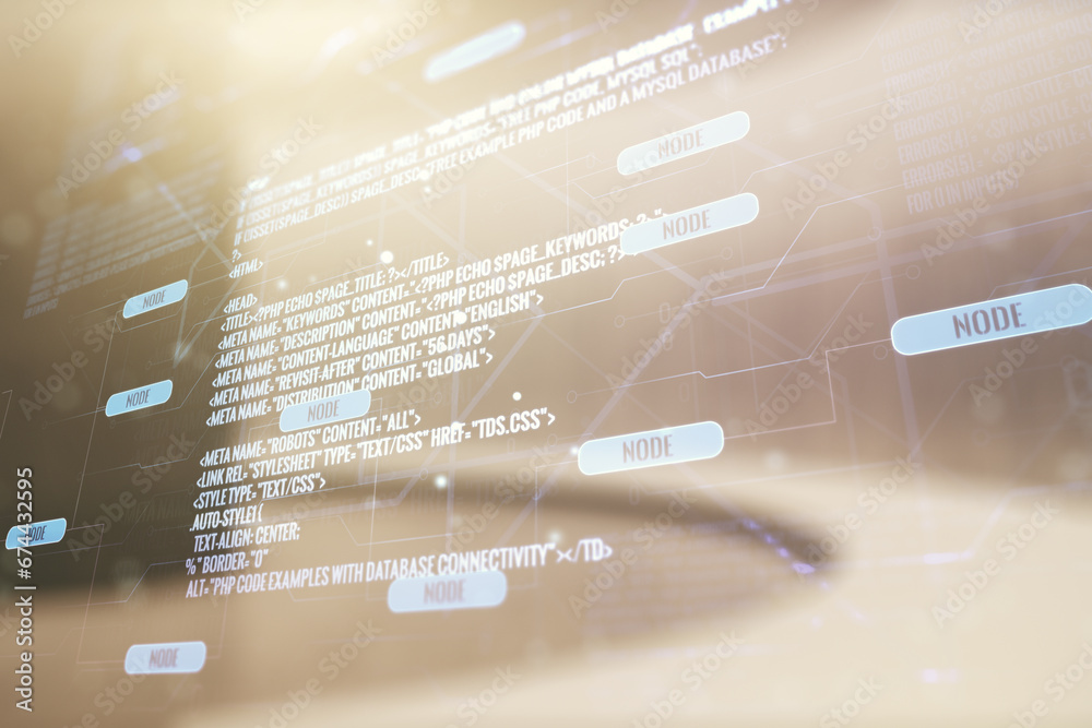 Leinwandbilder multi exposure of abstract programming language hologram on abstract empty interior background, arti