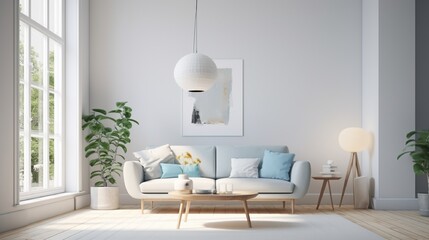 Fototapeta premium Minimalist living room setting with a light sofa and hanging pendant lamp designed for real estate showcase or lifestyle advertising.