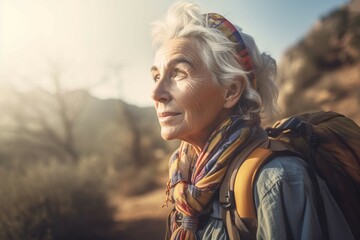 Senior woman hiking travel. Active freedom adventure old lifestyle. Generate Ai