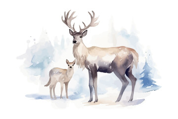 Deer in the snow forest. Winter background. Animal vector illustration. Christmas.