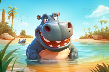 cartoon illustration of a cute hippo on the beach - obrazy, fototapety, plakaty