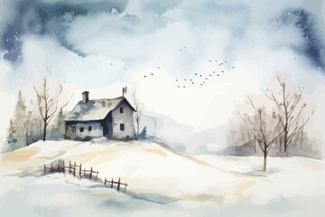Watercolor winter landscape. Christmas house. Holiday card.