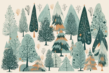 Watercolor christmas tree background. Forest illustration backdrop. Woodland pine trees.