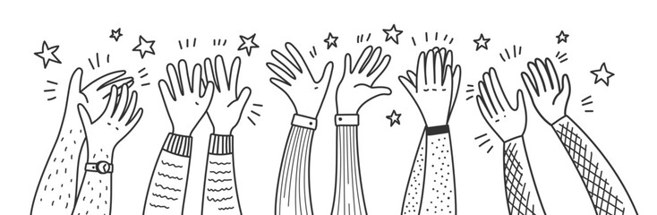 Doodle applause hands of people clapping or happy audience, cartoon vector background. Hands up applauding for success with stars on concert, celebration or congratulation, support and greeting bravo - obrazy, fototapety, plakaty