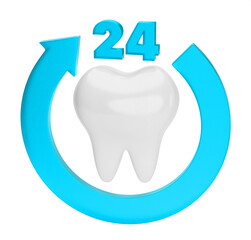 Tooth and green arrow around 24 hours. isolated on white. 3d render