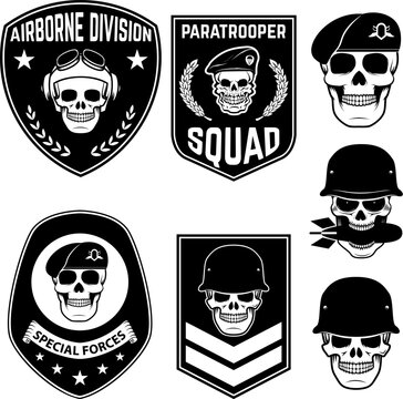 Set of military emblems and design elements. Skulls with military headdresses. paratrooper. Airborne division. Design elements for emblem, badge, label.