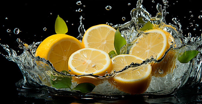 Splash of lemon juice with fresh lemon fruit isolated on black background - AI generated image