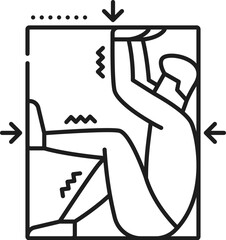 Human claustrophobia phobia icon, mental health. Fear of enclosed spaces, mental disorder thin line vector pictogram. People psychology problem line symbol or icon with man in tight space