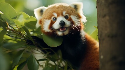 A Red Panda adorably hanging from a tree, reaching for a tasty bamboo shoot.