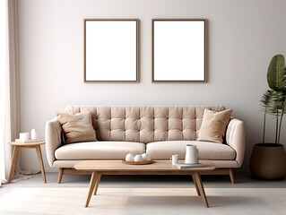 Modern, light minimalist interior of the living room layout with a sofa and home decor with frames for art. Ai generated