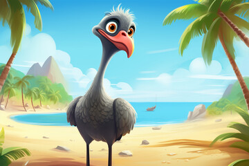 cartoon illustration of an ostrich on the beach