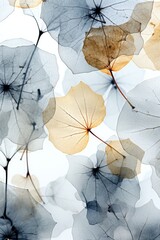 Abstract transparent blue and yellow leaves against a white background create a delicate and ethereal artistic composition. Photorealistic illustration
