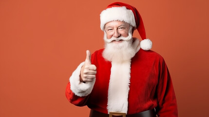Fototapeta na wymiar Santa Claus standing isolated on color background and thumbs up