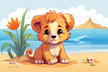 cartoon illustration of a cute lion on the beach