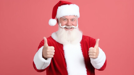 Fototapeta na wymiar Santa Claus standing isolated on color background and thumbs up
