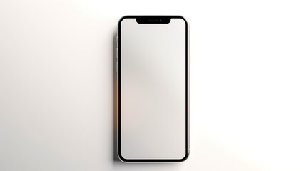 Smartphone with blank white screen on a white background, close up.