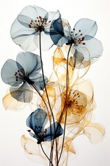Abstract transparent blue flowers against a white background create a delicate and tranquil artistic composition. Photorealistic illustration