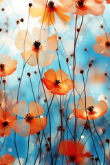 Abstract transparent orange flowers with the sky in the background produce a dreamy and ethereal artistic composition, blending nature and transparency. Photorealistic illustration