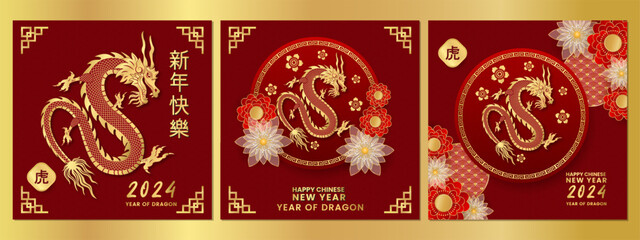 2024 year of dragon happy chinese new year greeting card set. Chinese new year social media template set vector illustration