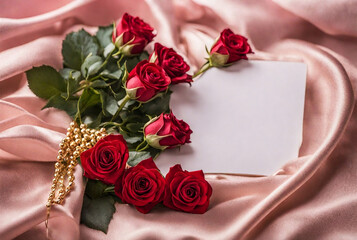 red roses and card in a pink silk background; Valentines day wish, copy space for text