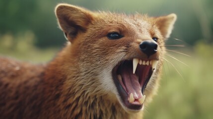A close-up of a Chinese Water Deer's unique fangs as it pauses during its foraging.
