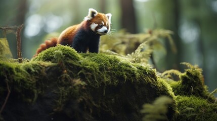 A Red Panda perched atop a moss-covered rock, surveying its territory.