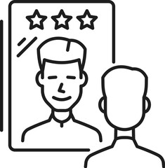 Self reflection psychological disorder problem, mental health. Cognitive disorder, mental health or human psychology problem line vector symbol or outline pictogram with man looking in mirror