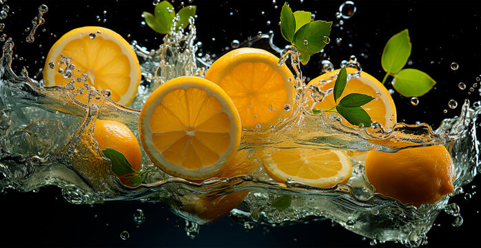 Splash of lemon juice with fresh lemon fruit isolated on black background - AI generated image