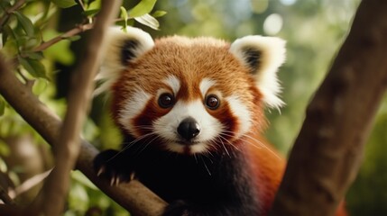 Naklejka premium A Red Panda's inquisitive eyes gazing into the camera, displaying its charm and curiosity.