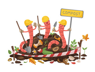 Cartoon earth worm builder characters in compost or soil humus, vector poster. Earthworms in builder hats cleaning compostable bio wastes or organic garbage with spades for farm garden vermicomposting
