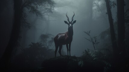 A Saola in a dense, mystical fog, its form partially obscured, giving the image an air of mystery and enchantment.